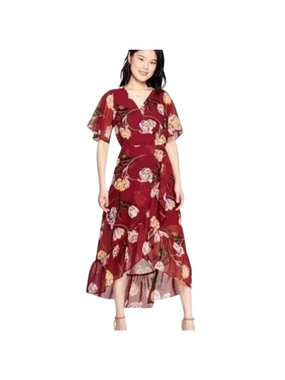 A New Day Floral Print Chiffon High-Low Ruffle Dress Size L Summer Wedding Party